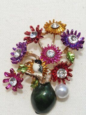 Enamel Floral Bouquet Brooch w/ Bird Accent, Rhinestones & Pearl Drop | Cottage